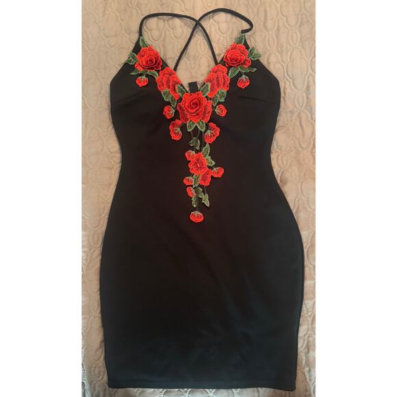 Windsor, Black Body-Con Dress with Red Rose Details - Picture 1 of 5